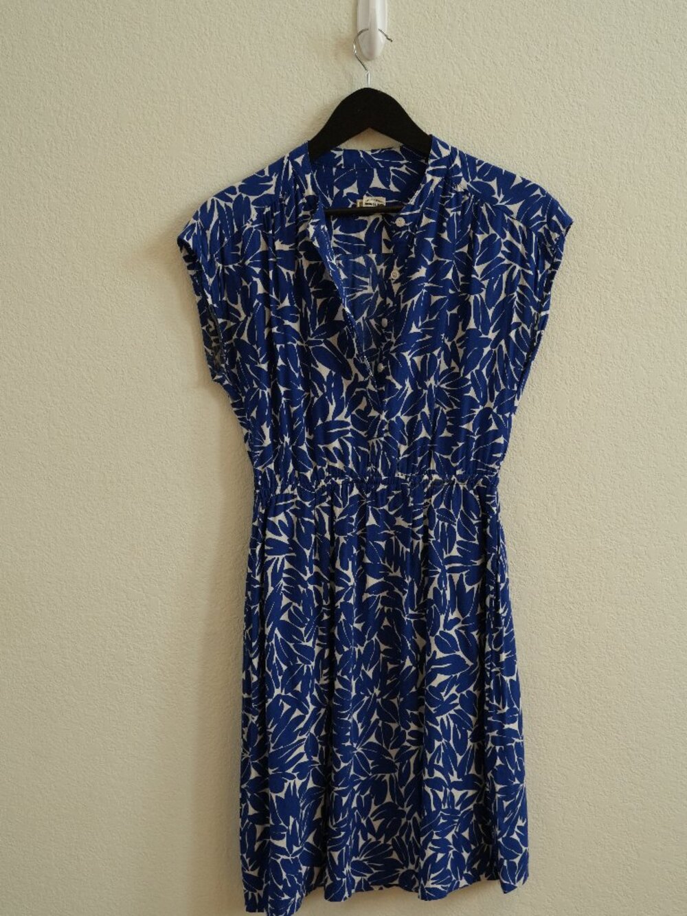 Bridge & Burn Womens S Blue Leaf Print Cap Sleeve Dress Elastic Waist Portland